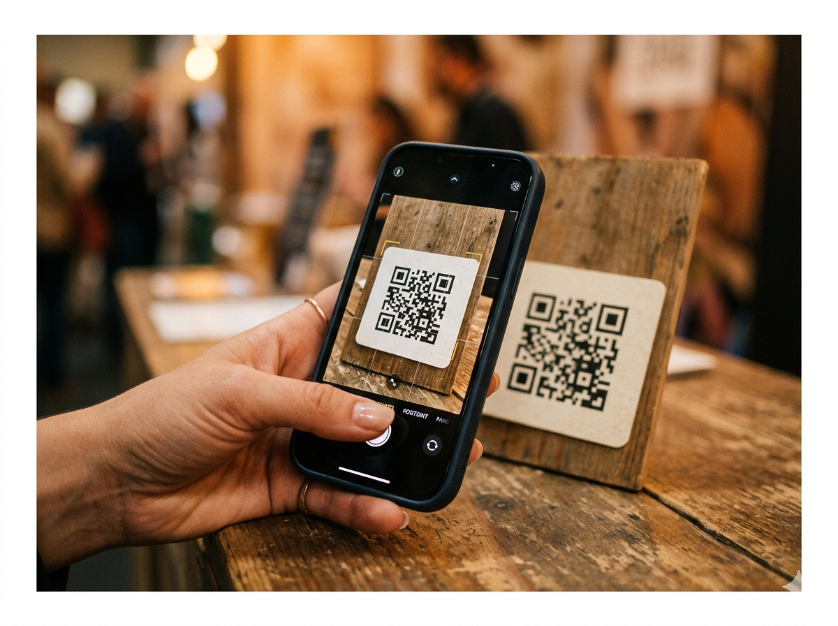 Scanning a QR code at an event booth