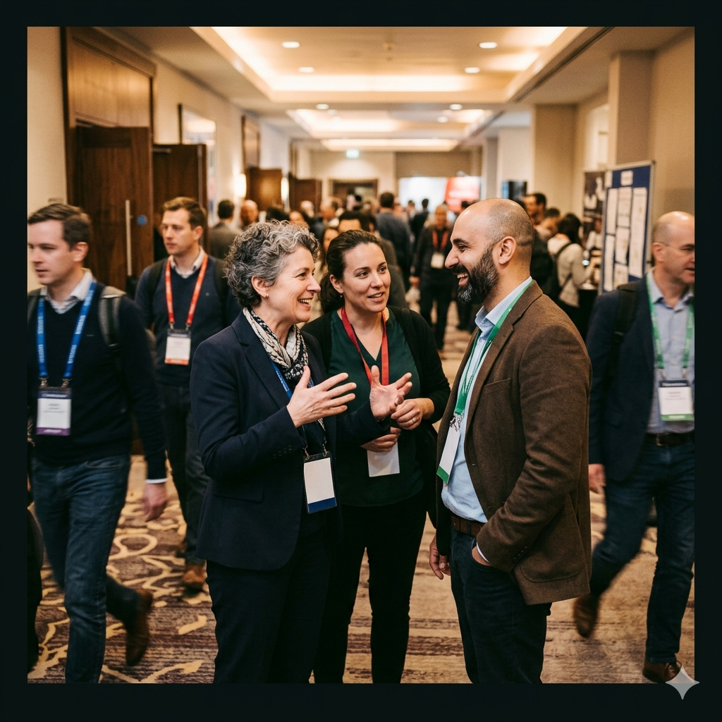 Conference hallway conversation